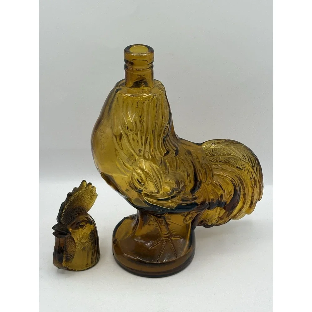 Vintage 1973 Amber Brown Glass Crowing Rooster Decanter Jeffrey Snyder Farmhouse